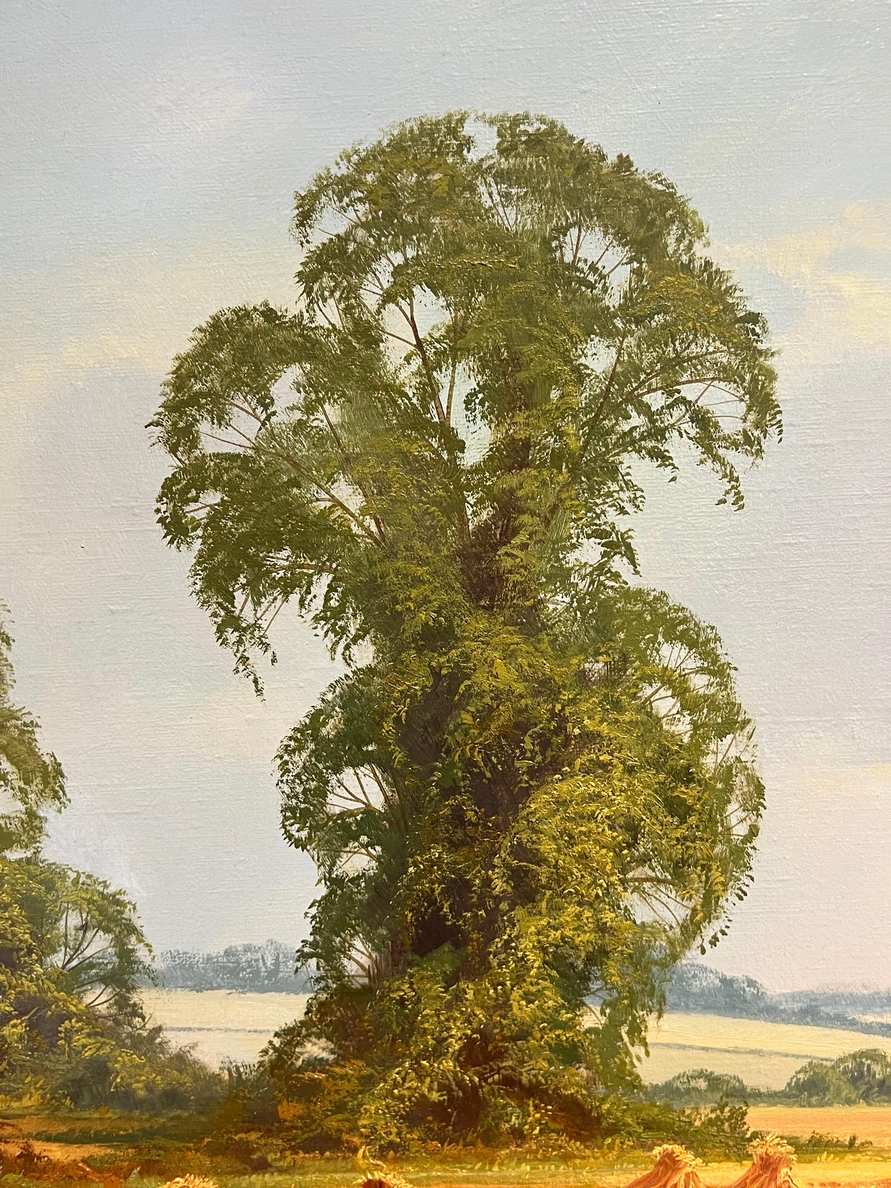 Grande peinture à l'huile traditionnelle anglaise d'un paysage de moisson signée et dorée 4