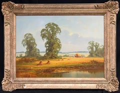Grande peinture à l'huile traditionnelle anglaise d'un paysage de moisson signée et dorée