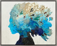 "Blue Blooms" Textured Profile Silhouette Mixed Media in Blues and Neutrals