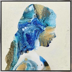 "Flowing Cameo III" Textured Profile Silhouette Mixed Media Artwork with Blues