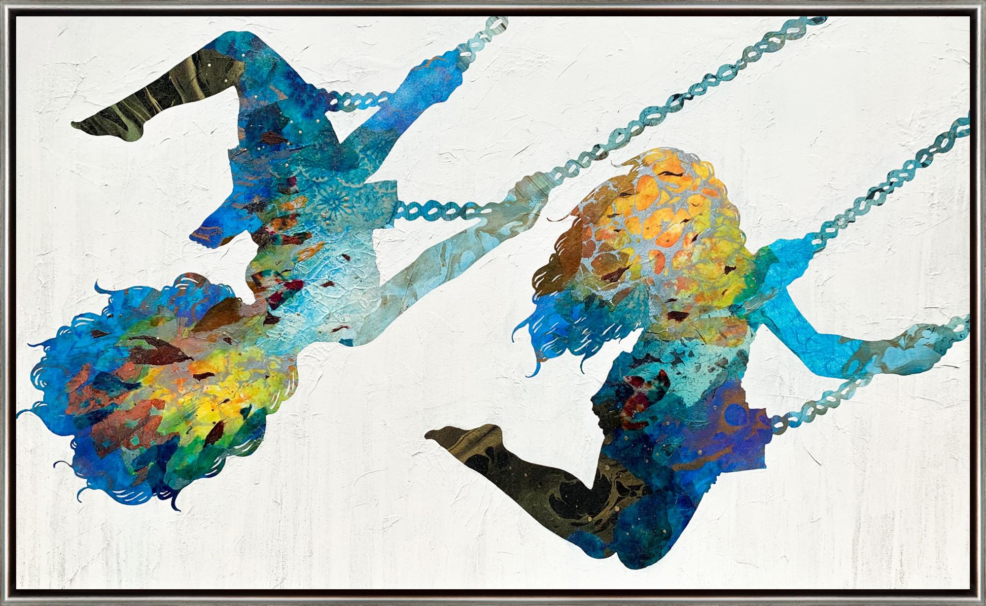 "Swinging in Color" Contemporary Silhouette Framed Mixed Media on Canvas