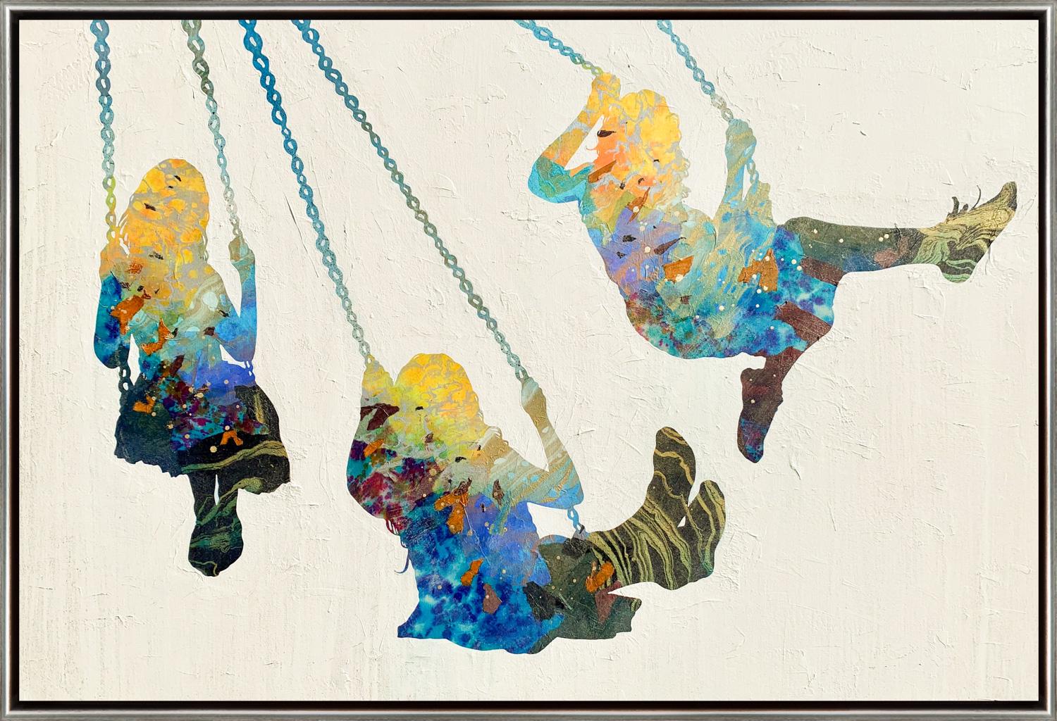 Christopher Peter Figurative Painting - "Three Swings" Contemporary Silhouettes Mixed Media on Canvas with Frame