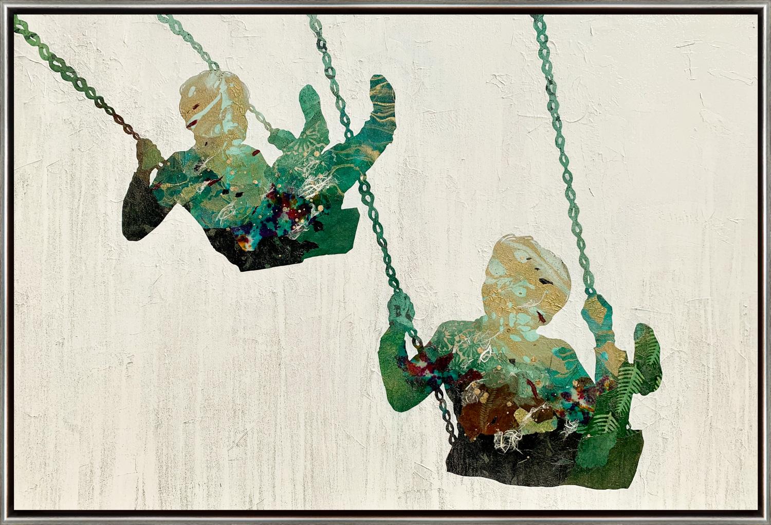 Christopher Peter Figurative Painting - "Up, Up, and Away" Contemporary Silhouettes Mixed Media on Canvas with Frame