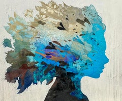 "Blue Bloom" Female silhouette made of cool and neutral-colored papers and oil.