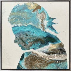 "Flowing Cameo VIII" Textured Profile Silhouette Mixed Media Artwork with Blues