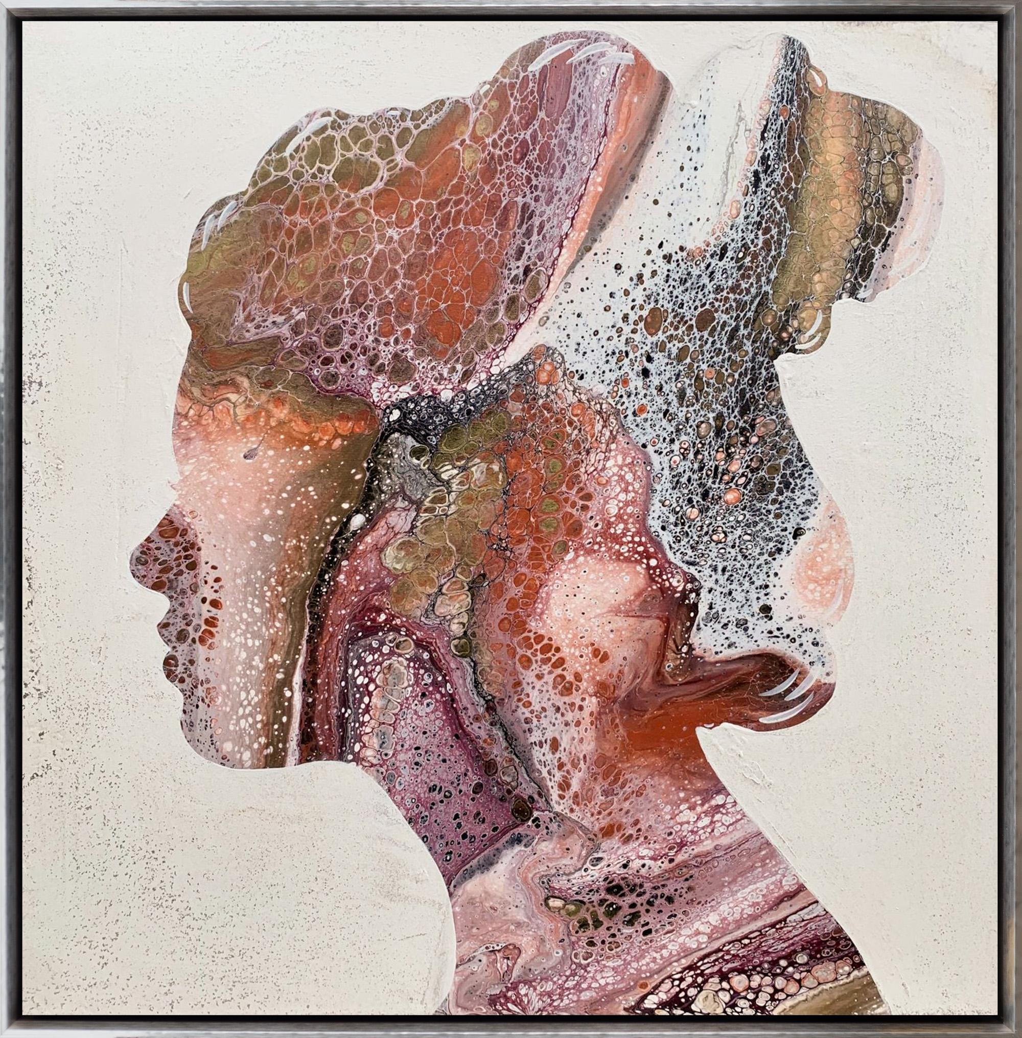 "Flowing Cameo XII" Textured Profile Silhouette with Fluid Detail in Warm Tones - Mixed Media Art by Christopher Peter