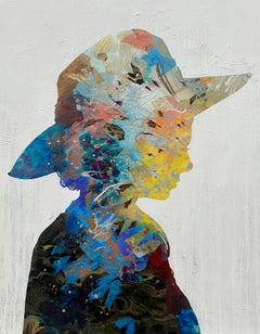 "Sunhat Silhouette V" Mixed media portrait with oil, handmade paper, gold-leaf