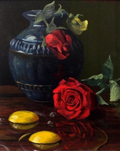 Christopher Pierce, "Crimson Rose with Raw Eggs", Floral Oil Painting on Board