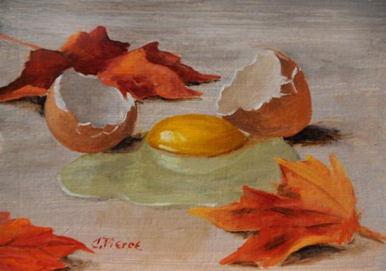 This piece, "Raw Egg and Leaves" is a 5x7 autumn still life oil painting on board by artist Christopher Pierce featuring a grouping of rusty orange leaves with a cracked egg in the center. 

About the artist:
Christopher Pierce is a nationally