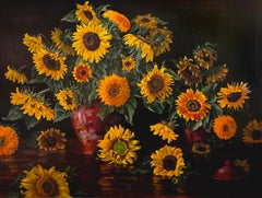 Christopher Pierce, "Sunflowers in Crimson Vase", 40x53 Floral Oil Painting 