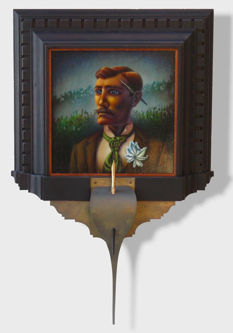 Ein 16" x 22" x 3" Magischer Realismus Acryl Porträtmalerei auf Holzplatte mit benutzerdefinierten Framing und gefundenen Objekten von Künstler Christopher Polentz ausgeführt. Ein Echtheitszertifikat wird dem Stück beim Kauf oder bei der Lieferung