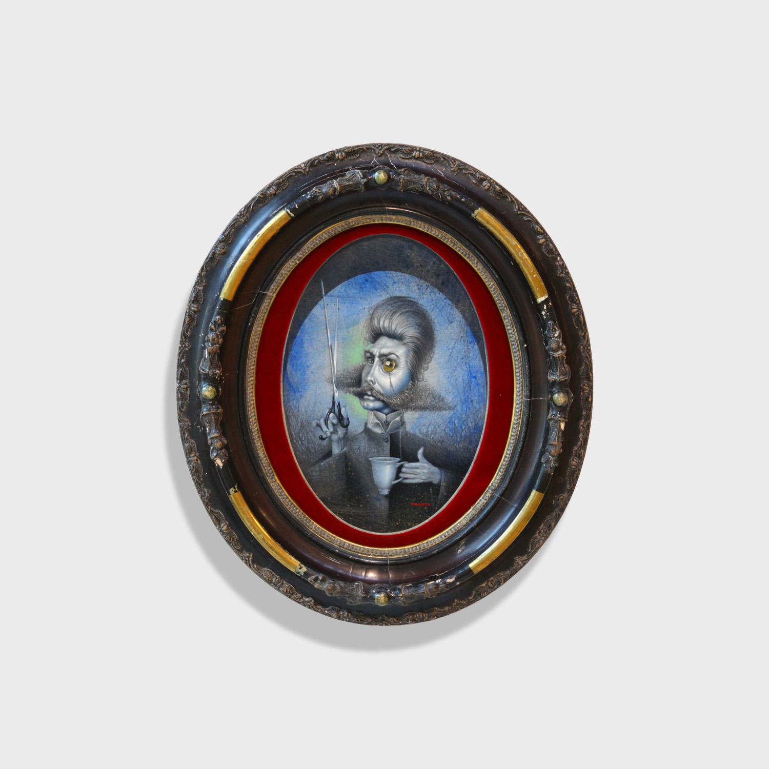 Surrealistisches Porträt in Mischtechnik, „Mad Barber“ von Christopher Polentz im Angebot 1