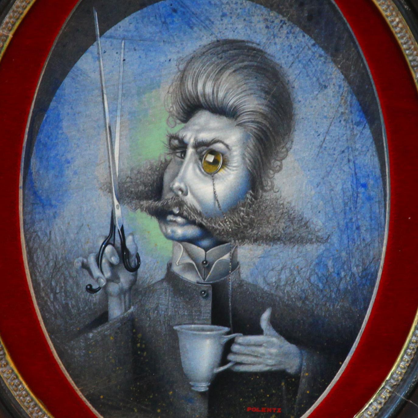 Portrait surréaliste en techniques mixtes, Mad Barber de Christopher Polentz en vente 2