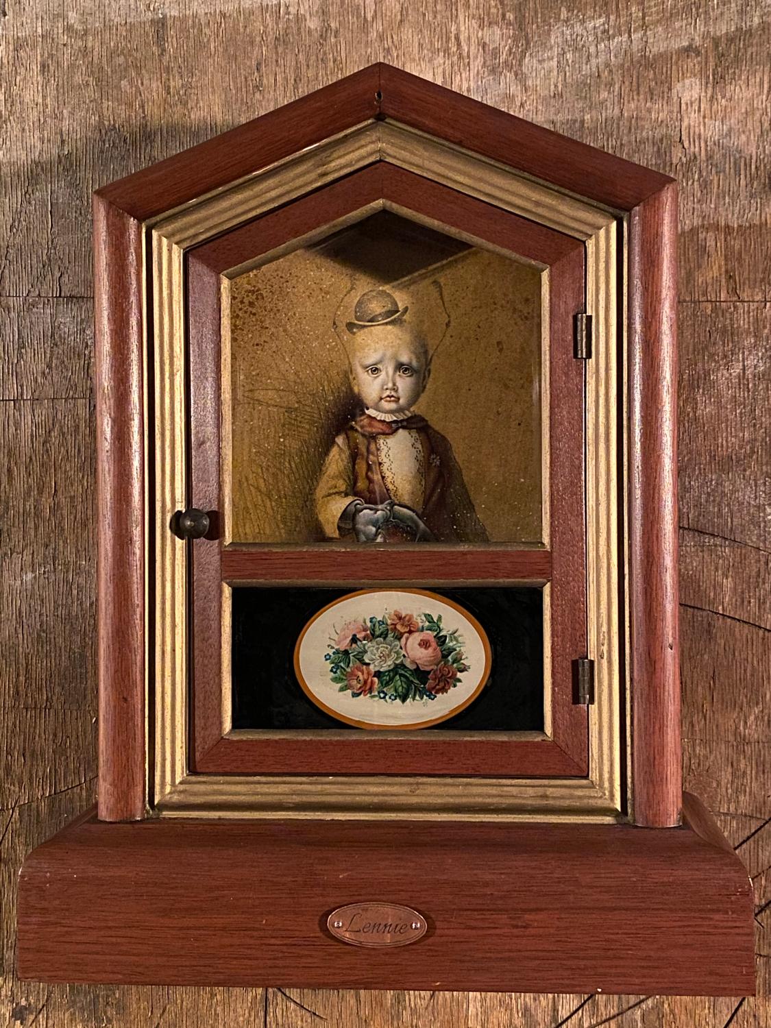 Christopher Polentz Portrait Painting - Surrealist Portrait in Found Frame Titled, "Lennie"