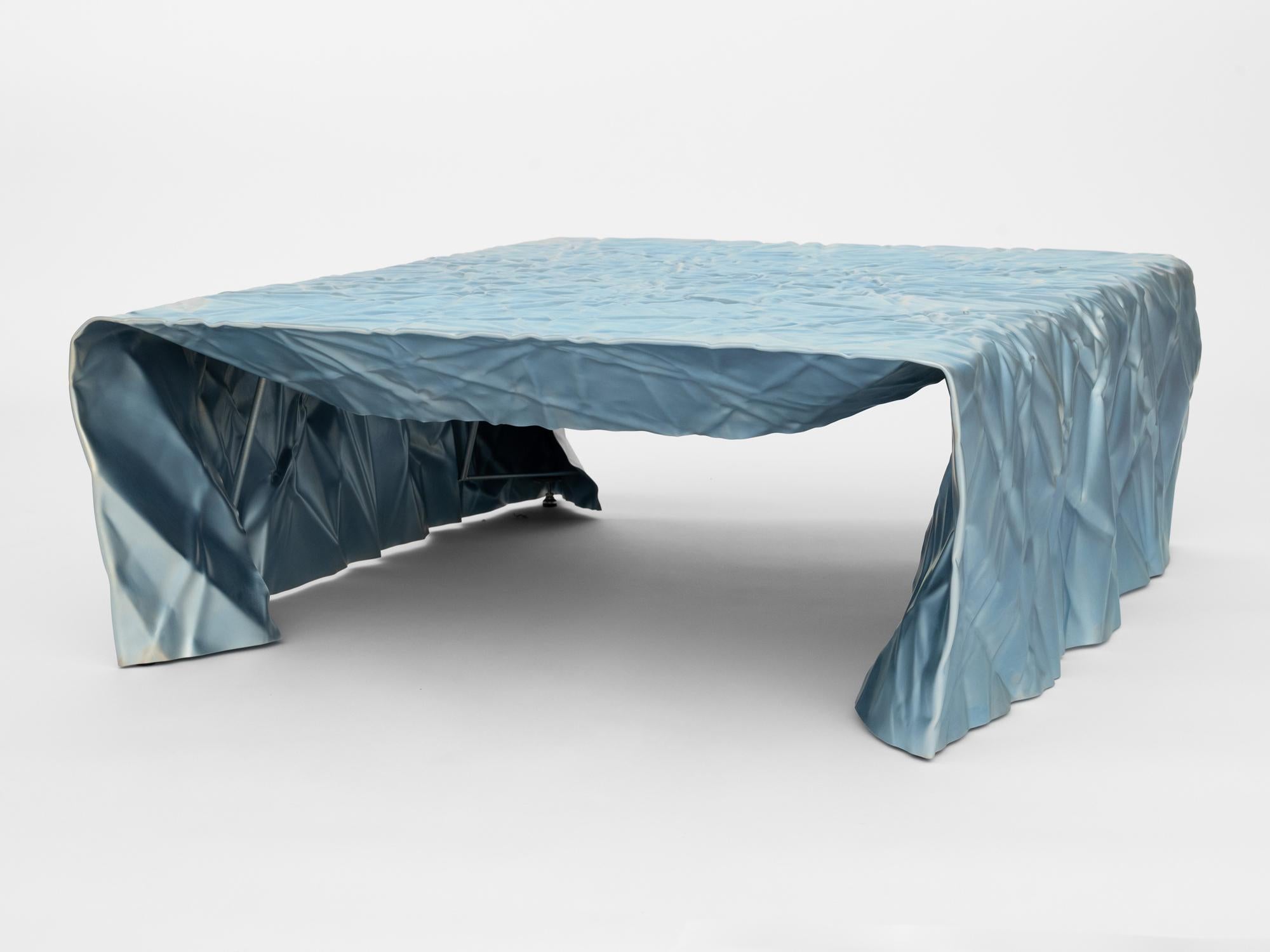 American Christopher Prinz “Rectangular Wrinkled Coffee Table” in Raw Zinc Nickel Blue For Sale