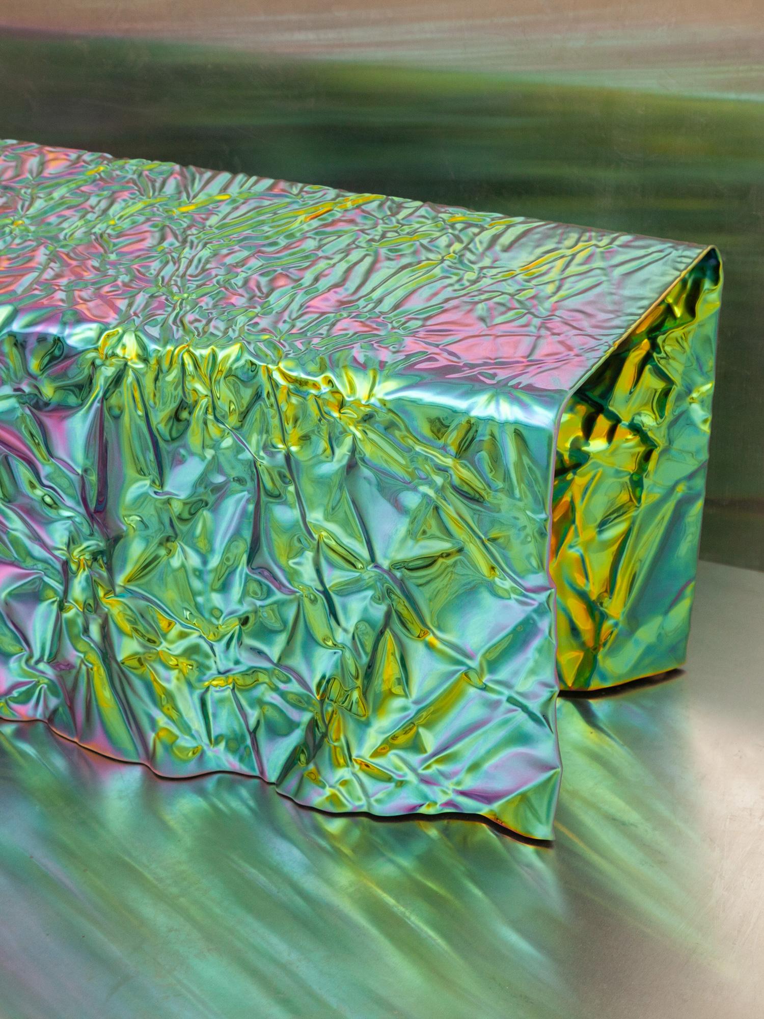 Steel Christopher Prinz “Wrinkled Coffee Table” in Polished Rainbow Iridescent For Sale