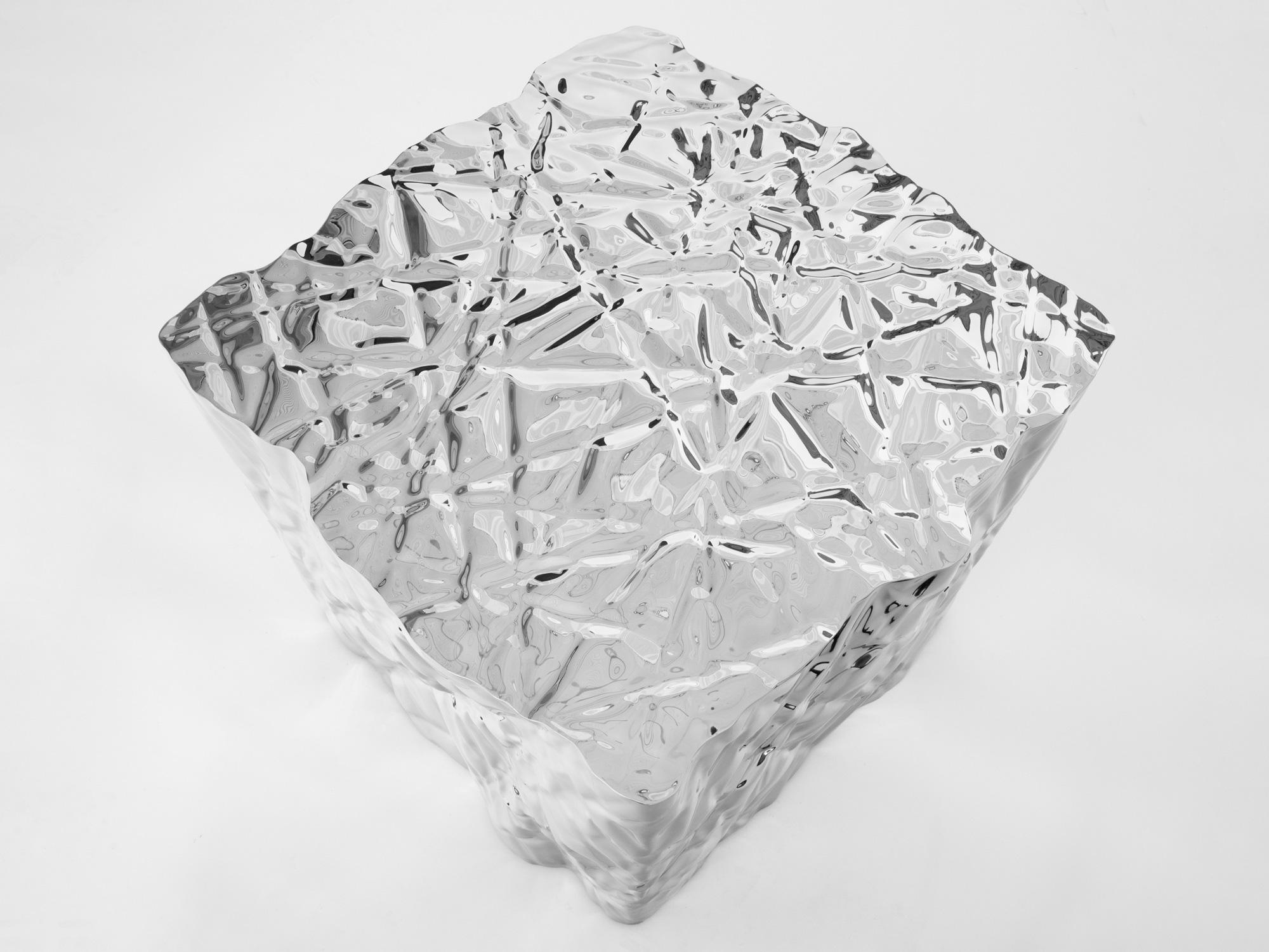 Contemporary Christopher Prinz “Wrinkled Cube Table” in Mirror Polished Stainless Steel For Sale