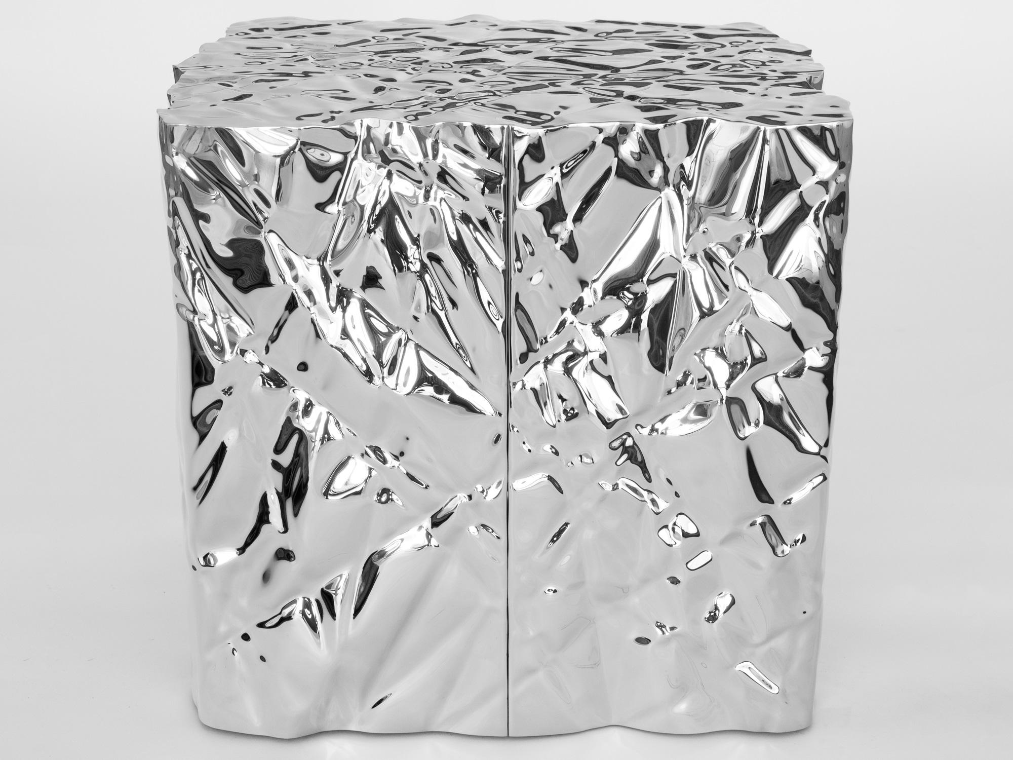 Christopher Prinz “Wrinkled Cube Table” in Mirror Polished Stainless Steel For Sale 1