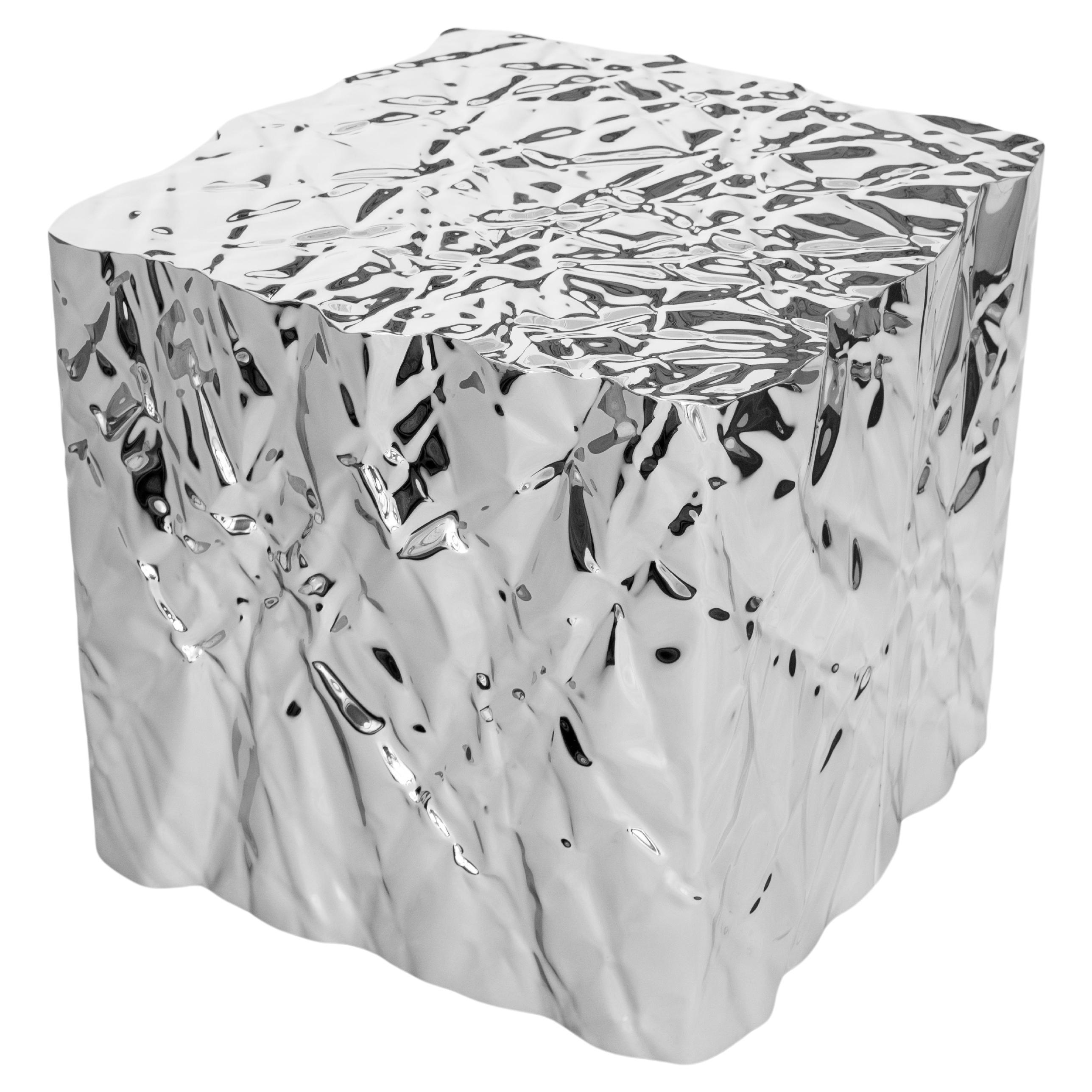 Christopher Prinz “Wrinkled Cube Table” in Mirror Polished Stainless Steel For Sale