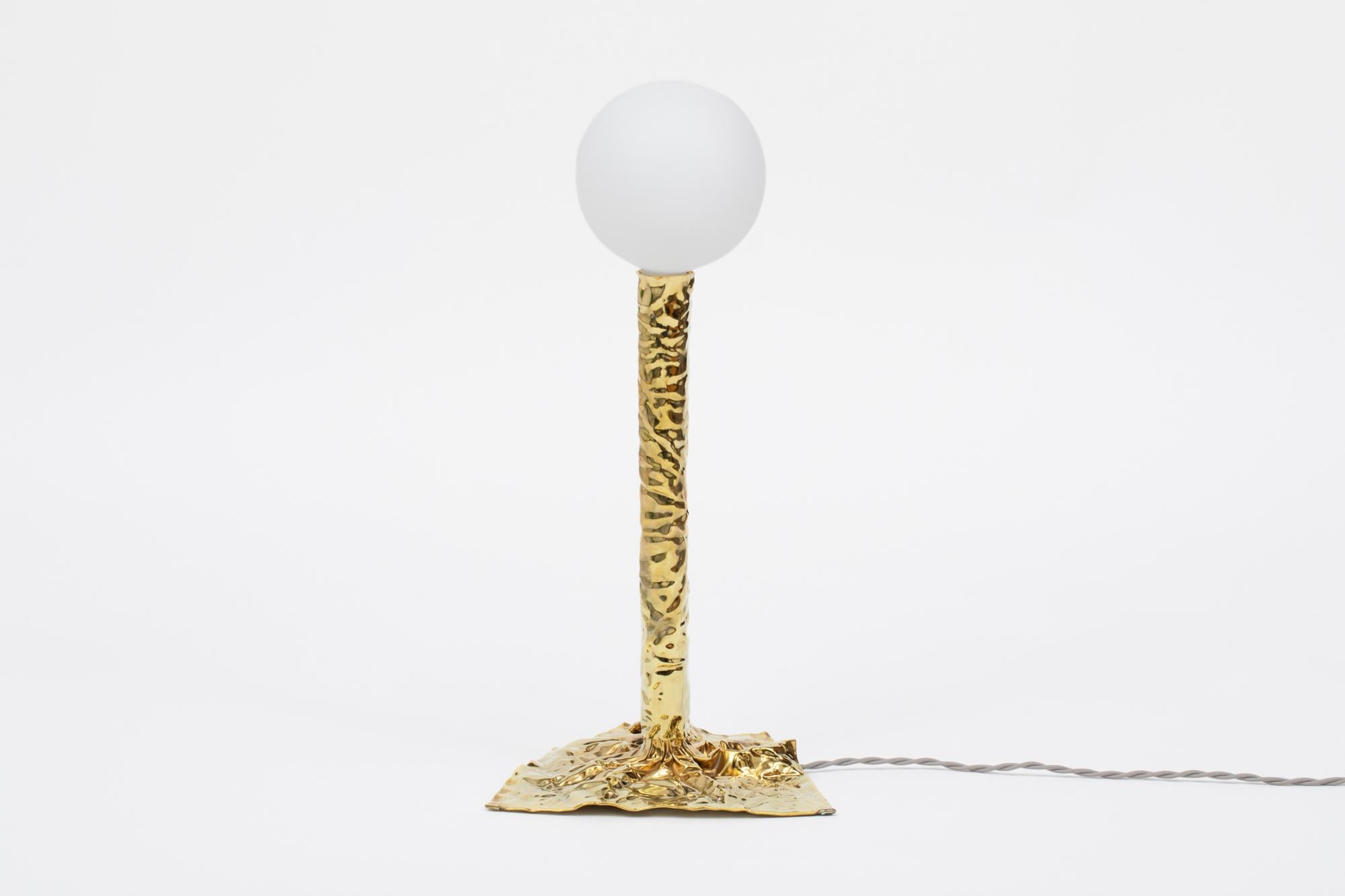 Lampe de table en acier froissé du designer Christopher Prinz, basé à Omaha, qui obtient cette texture inhabituelle en froissant à plusieurs reprises une fine feuille d'acier, ce qui donne une forme solide, rigide et unique.

Fabriqué sur commande