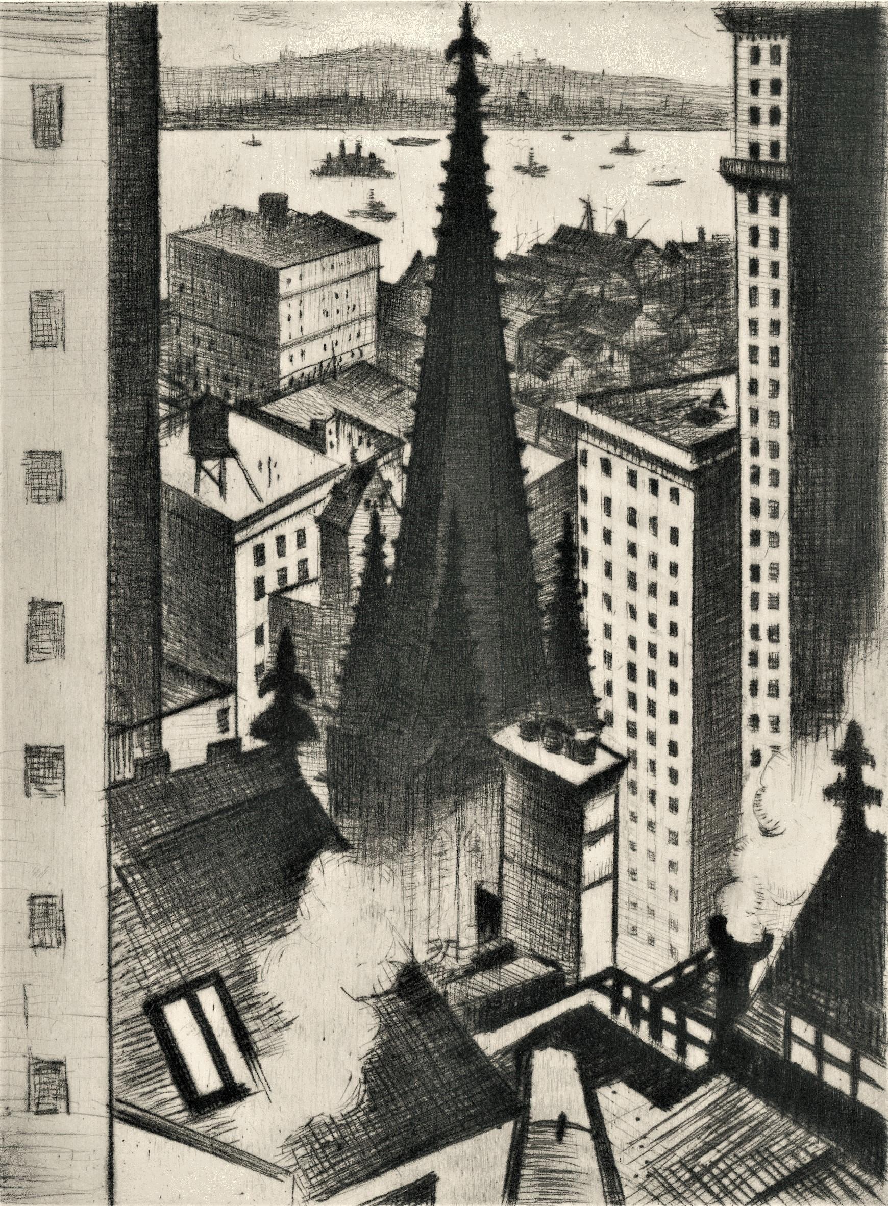 Christopher R. W. Nevinson Landscape Print – Temples of New York