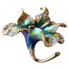 Christopher Radko Enamel Lily Brooch Iridescent Sculptural Flower with Crystal