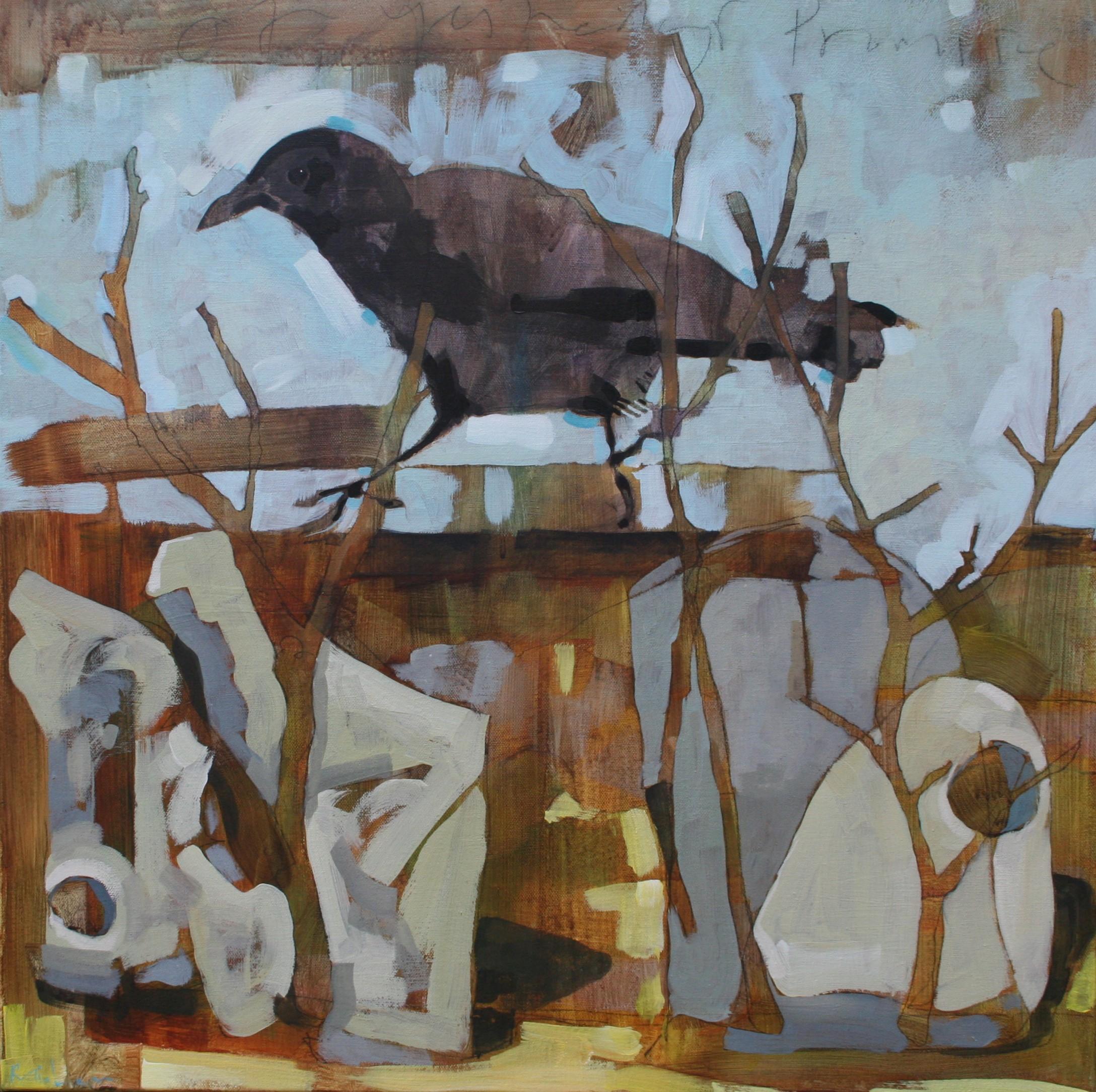 Animal Painting di Christopher Rainham - Corvo che cammina - Quadro semi-astratto contemporaneo di uccelli