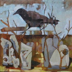 Corvo che cammina - Quadro semi-astratto contemporaneo di uccelli