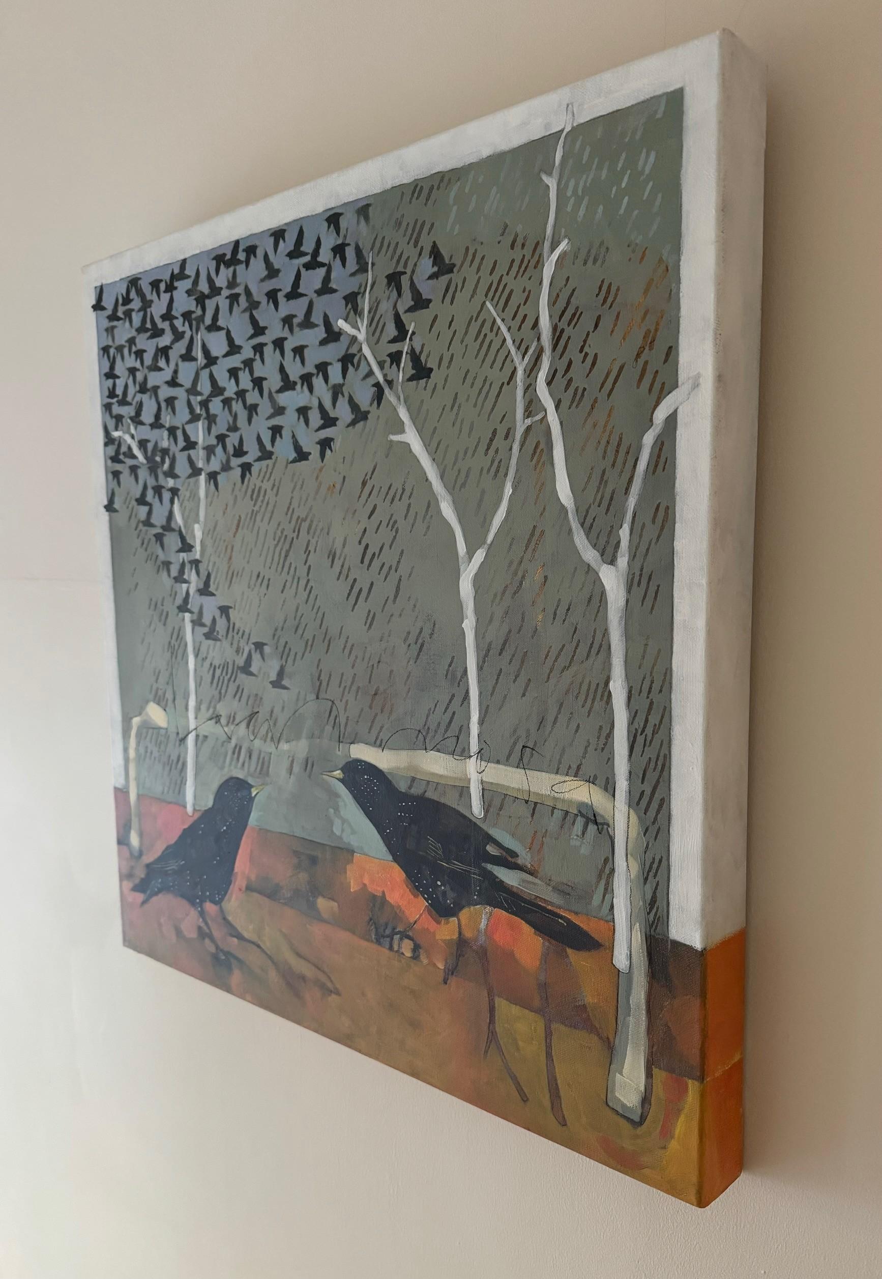El estornino de Mozart - Pintura semiabstracta contemporánea pájaros - Painting Contemporáneo de Christopher Rainham