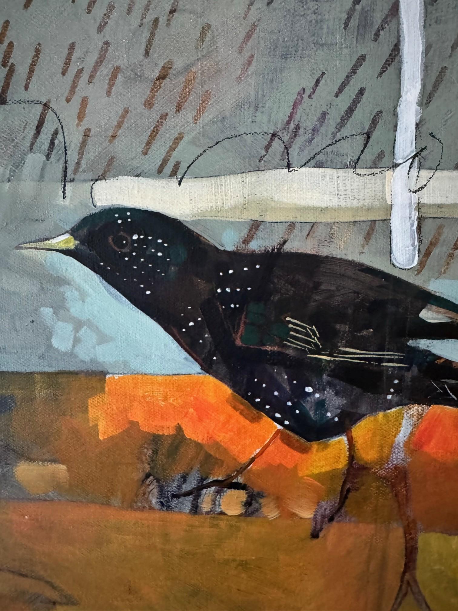 El estornino de Mozart - Pintura semiabstracta contemporánea pájaros - Animal Painting Gris de Christopher Rainham
