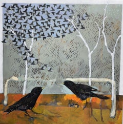 Mozart's Starling - Contemporary semi abstract painting birds