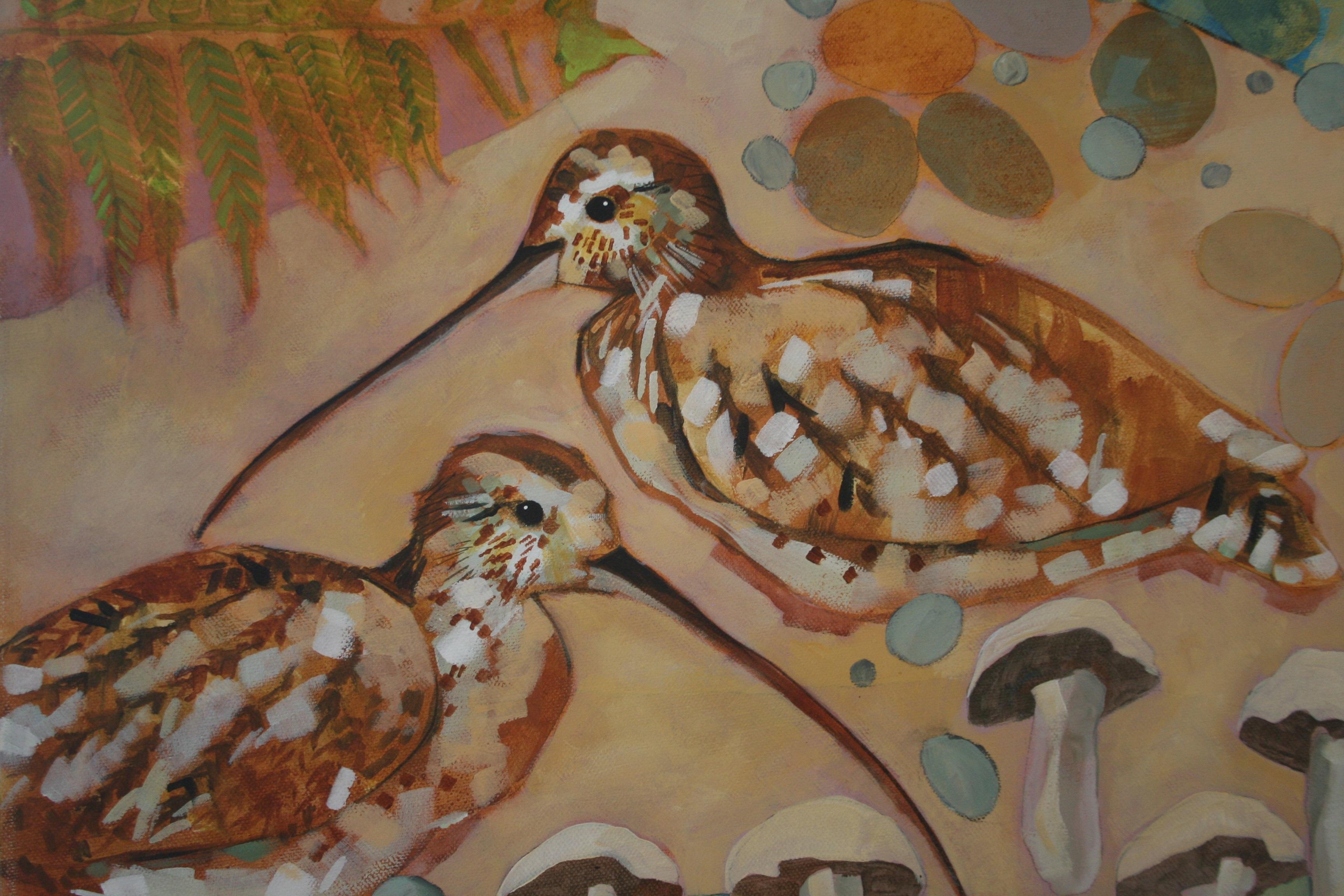 Pulling Bracken - contemporary acrylic painting nature forest birds mushroom - Painting by Christopher Rainham
