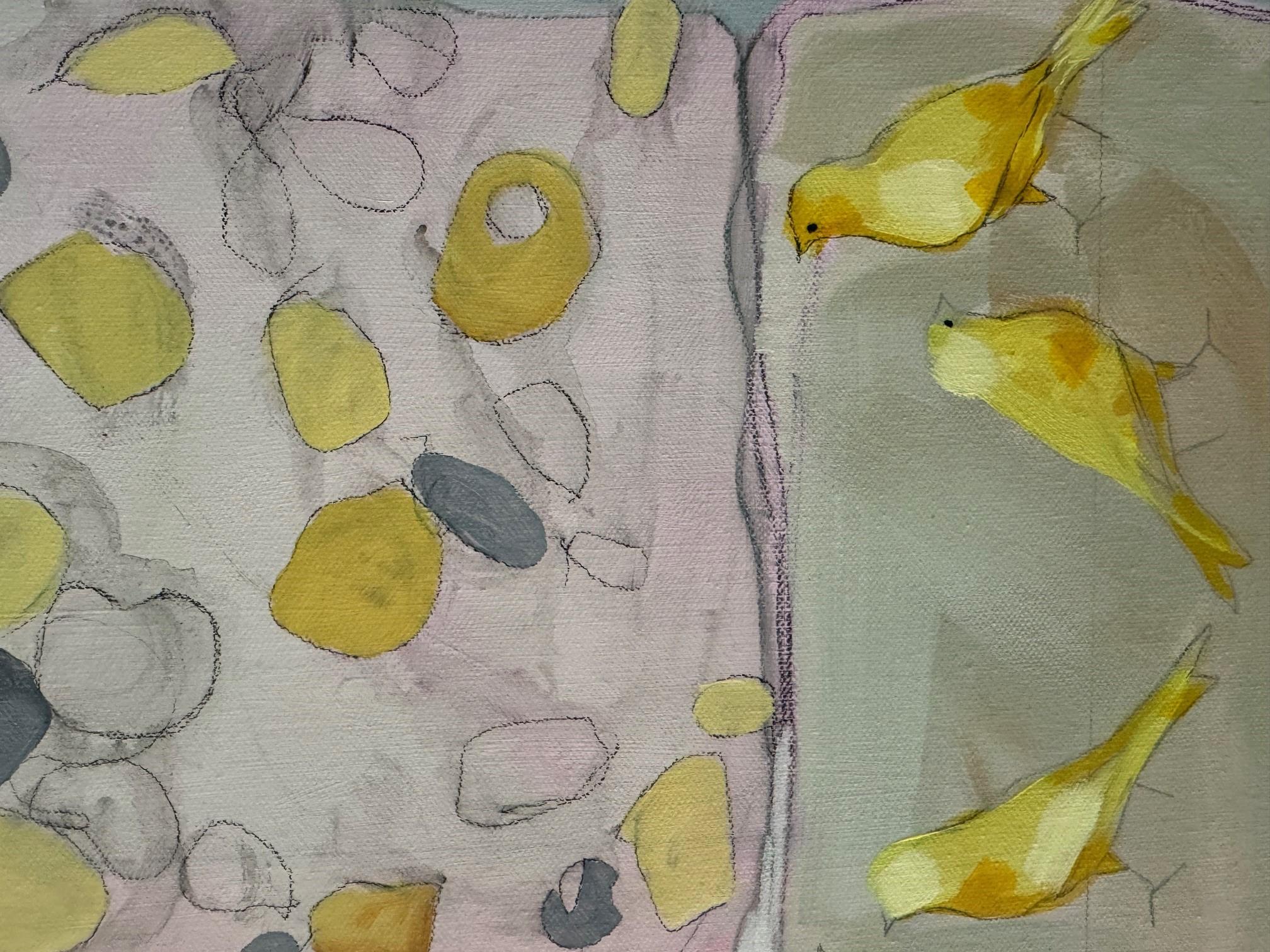 Serin - Pittura semi-astratta contemporanea di uccelli - Animal Painting Grigio di Christopher Rainham