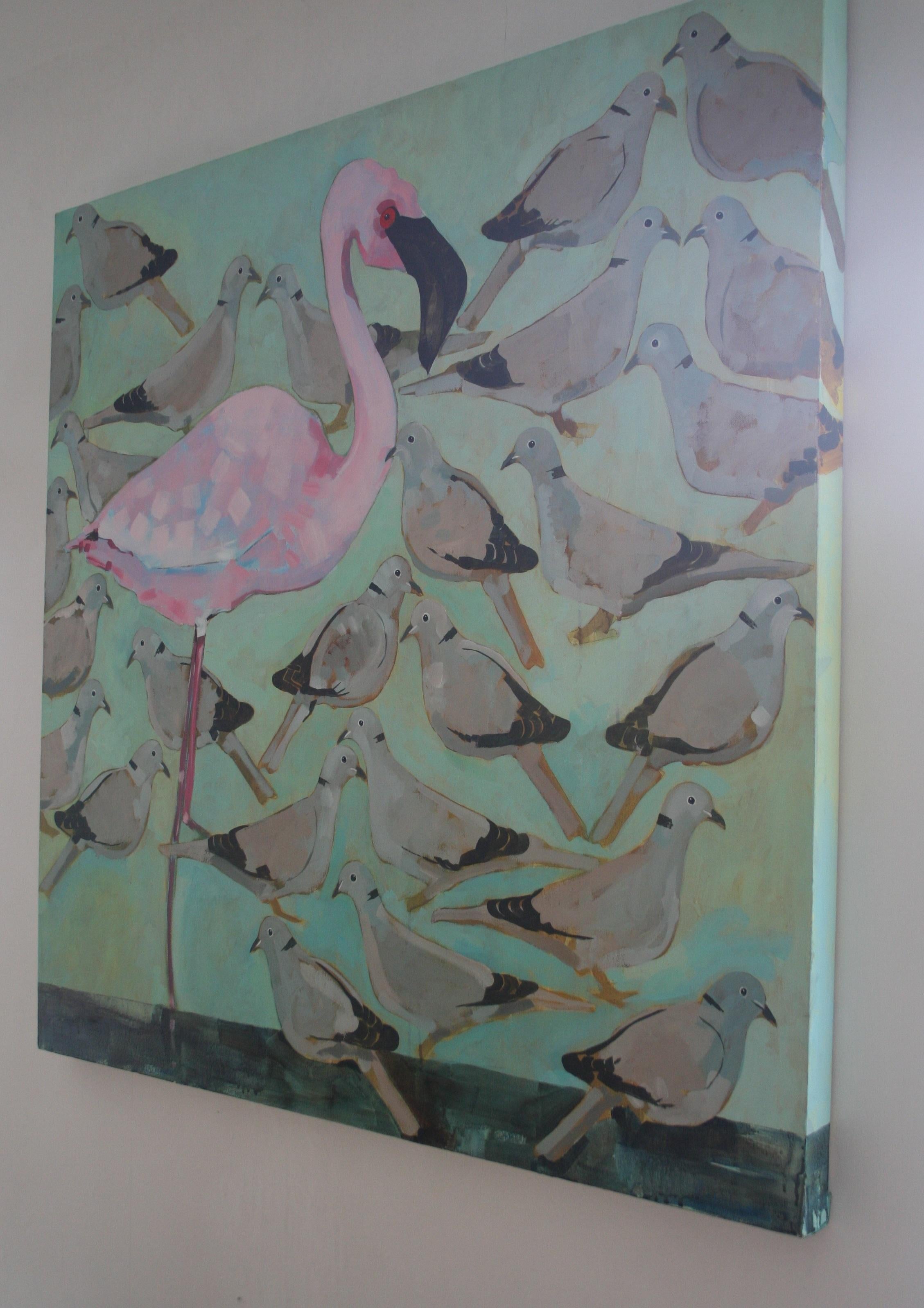 Study in Pink and Grey - contemporary Flamenco pigeons birds acrylic painting - Contemporary Painting by Christopher Rainham