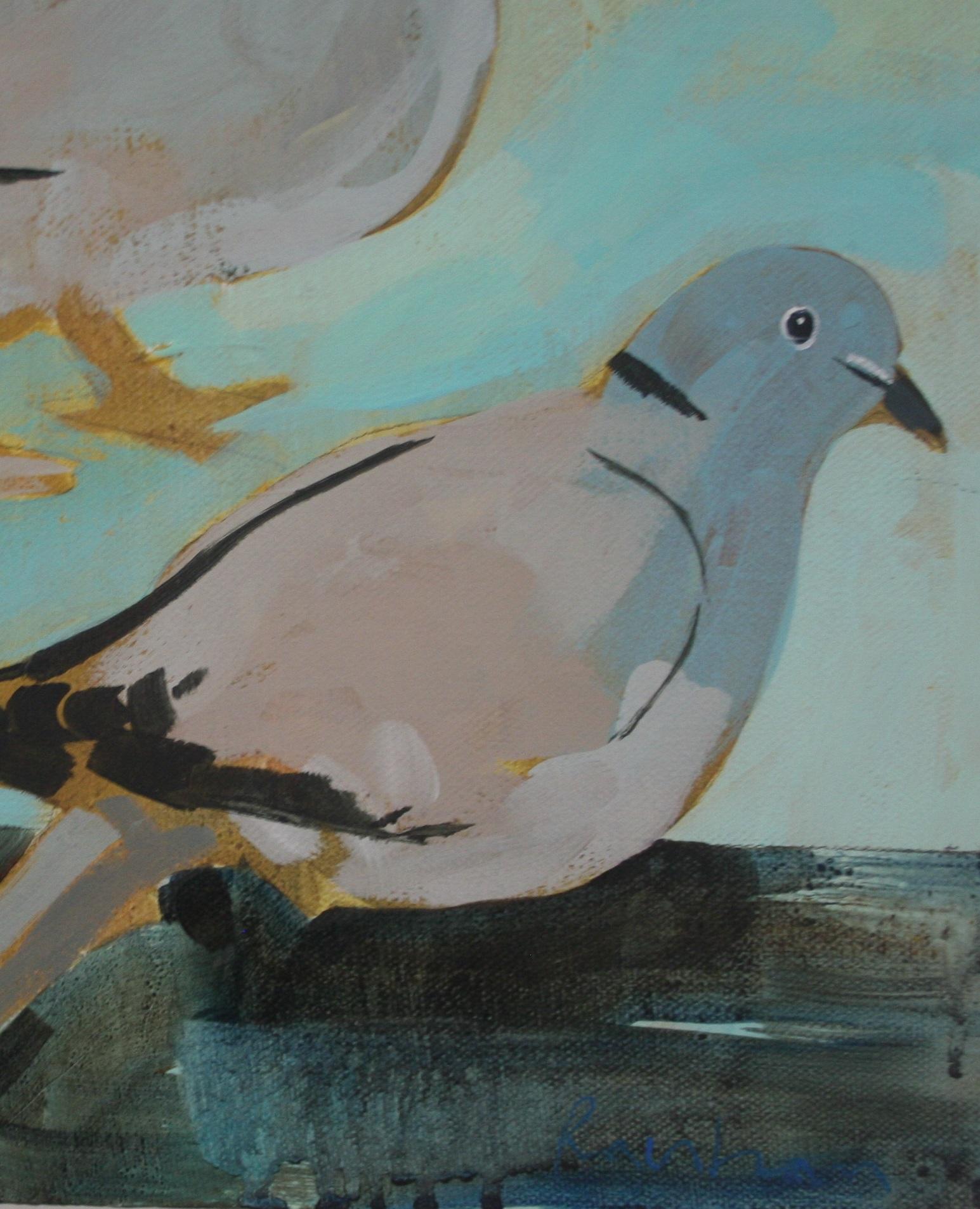 Study in Pink and Grey - contemporary Flamenco pigeons birds acrylic painting For Sale 1