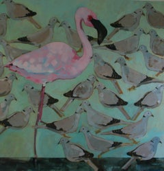 Etude en rose et gris - peinture acrylique contemporaine Flamenco pigeons oiseaux