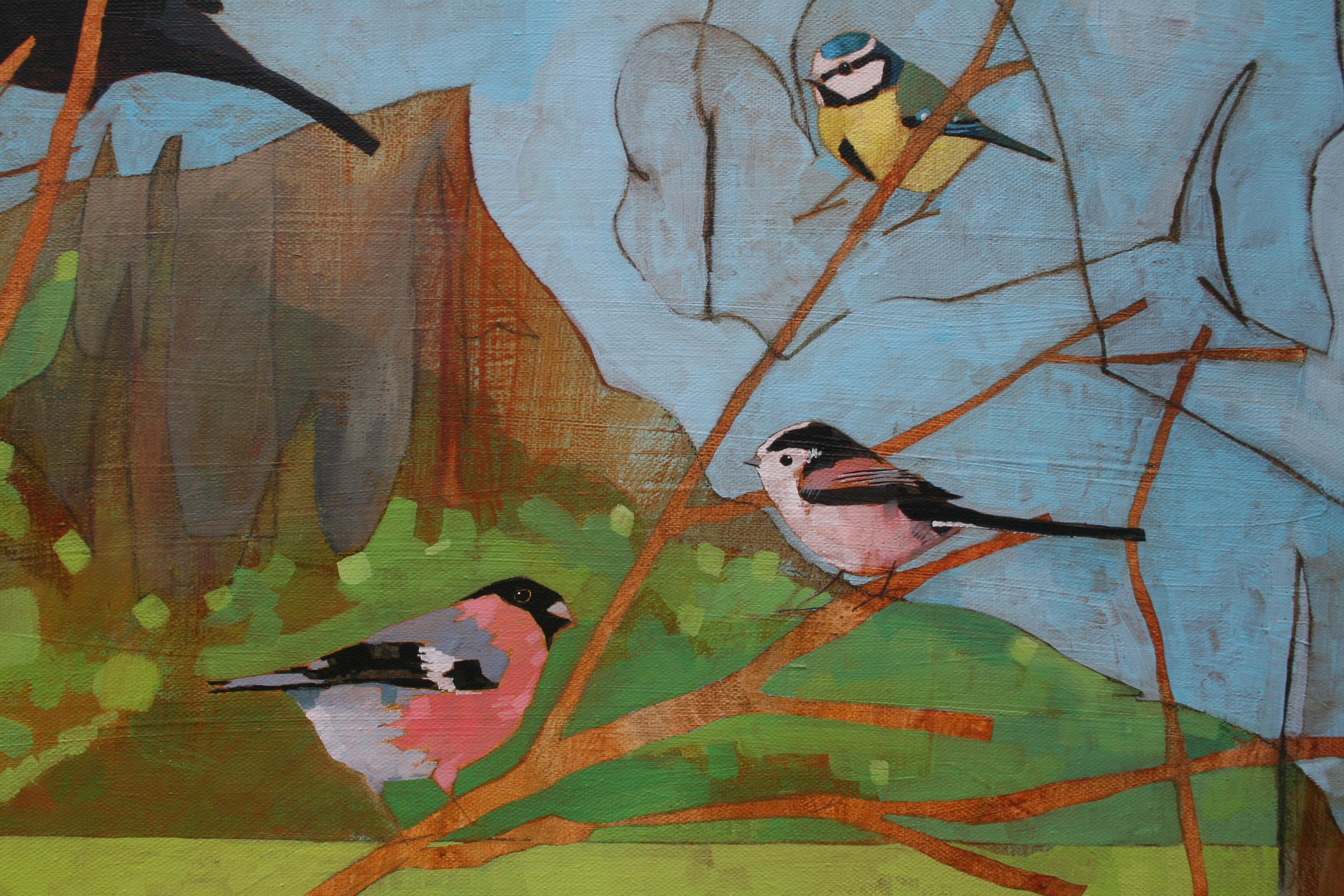 Die Vögel über dem Pferd  - zeitgenössisches dekoratives, farbenfrohes Landschaftsgemälde – Painting von Christopher Rainham