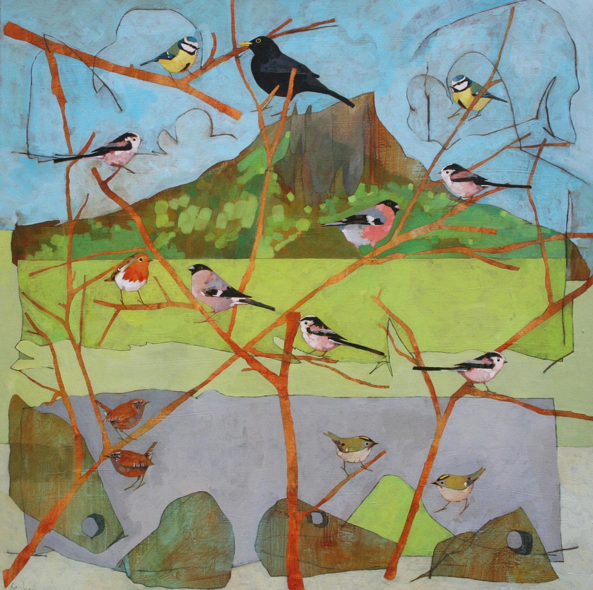 Christopher Rainham Landscape Painting – Die Vögel über dem Pferd  - zeitgenössisches dekoratives, farbenfrohes Landschaftsgemälde