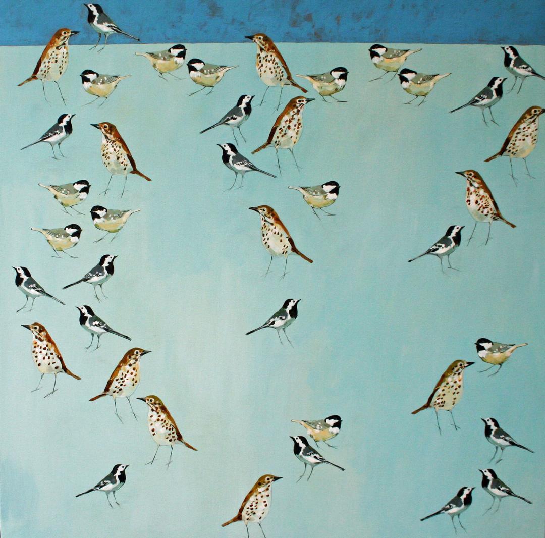 The Blue Sky Above - zeitgenössisches blaues Acrylgemälde mit Vögeln – Painting von Christopher Rainham