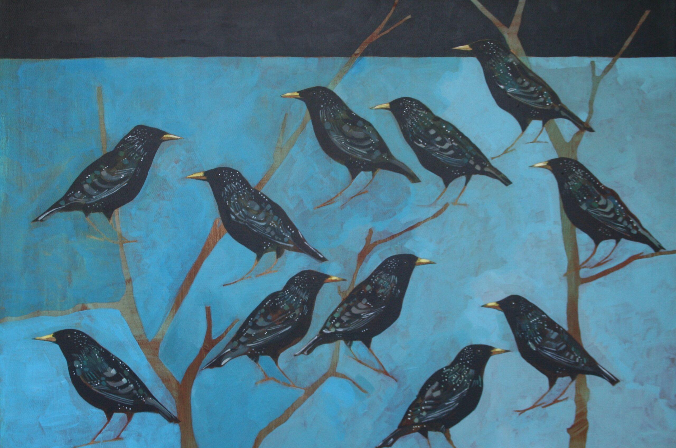 Christopher Rainham Animal Painting - The Starlings that weren't in the Chimney - Contemporary semi abstract painting 