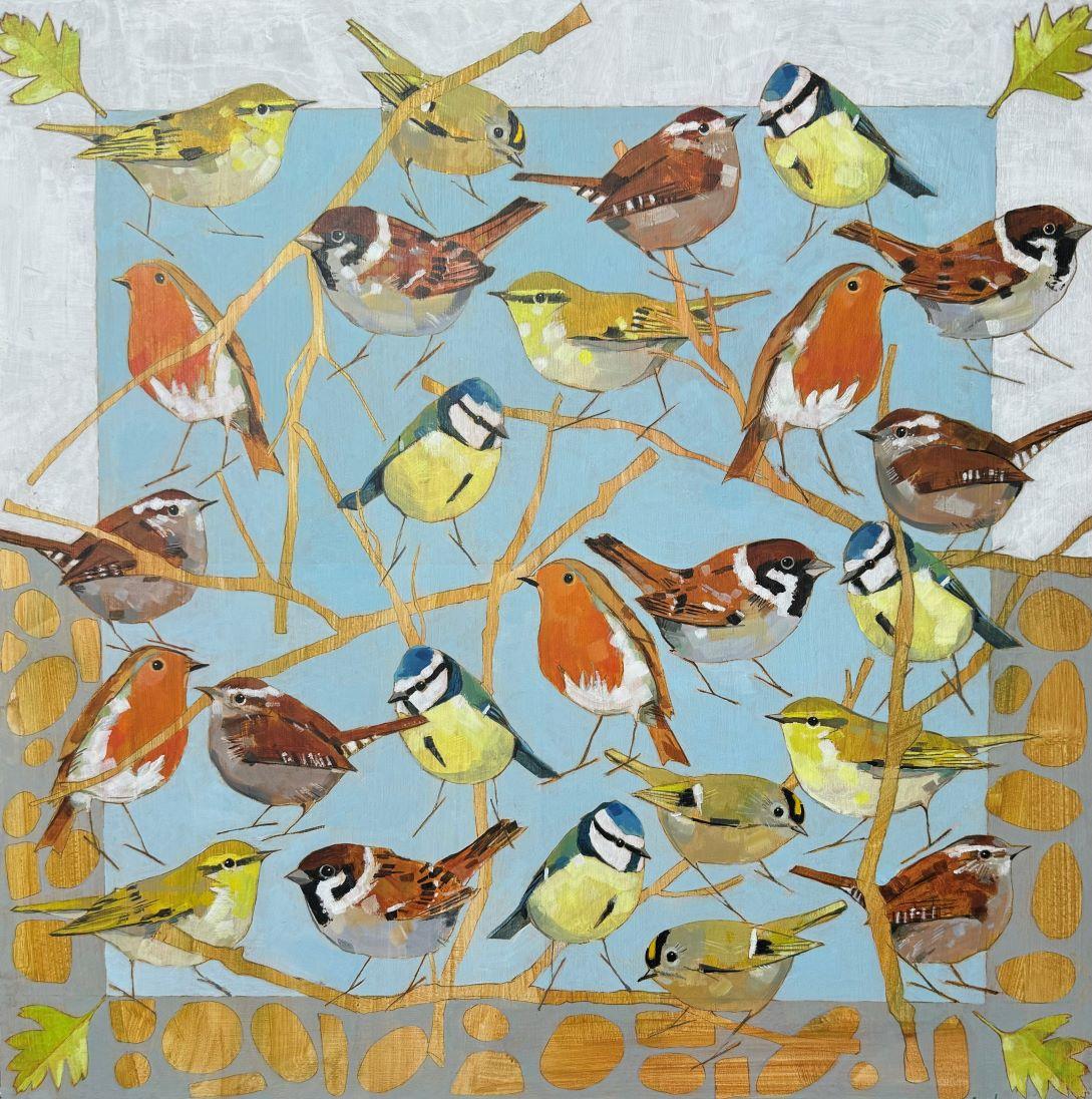 Animal Painting di Christopher Rainham - Le cime degli alberi - Quadro semi-astratto contemporaneo di uccelli
