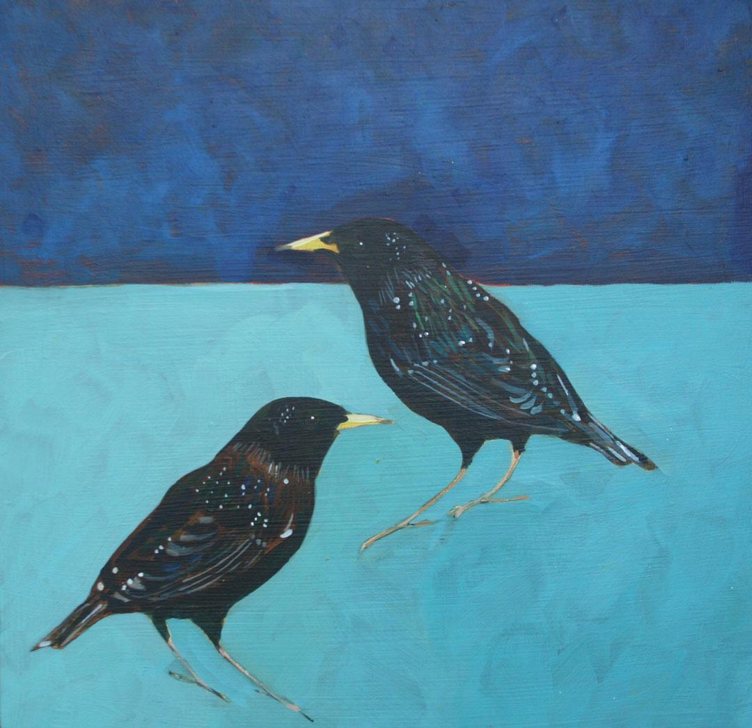 The Two Starlings - contemporary decorative bird animal acrylic painting - Painting by Christopher Rainham