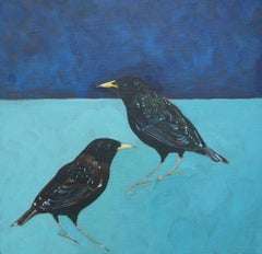 The Two Starlings - contemporary decorative bird animal acrylic painting
