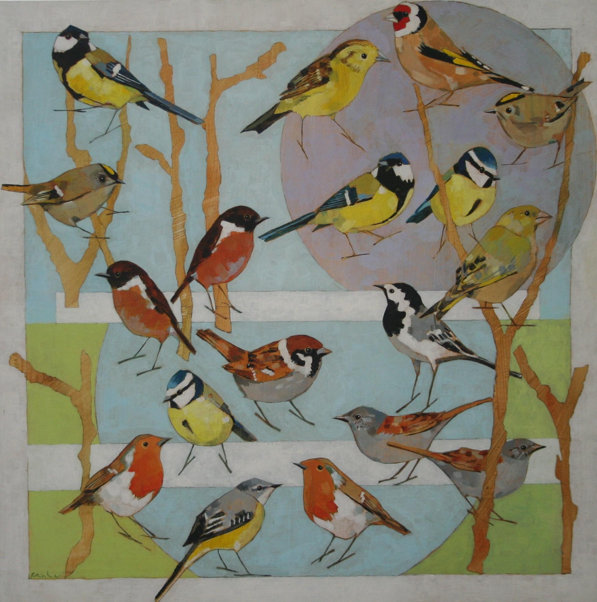 Animal Painting di Christopher Rainham - Chi sarà silenzioso tra una o due lune - Uccelli contemporanei: Pittura acrilica su tavola