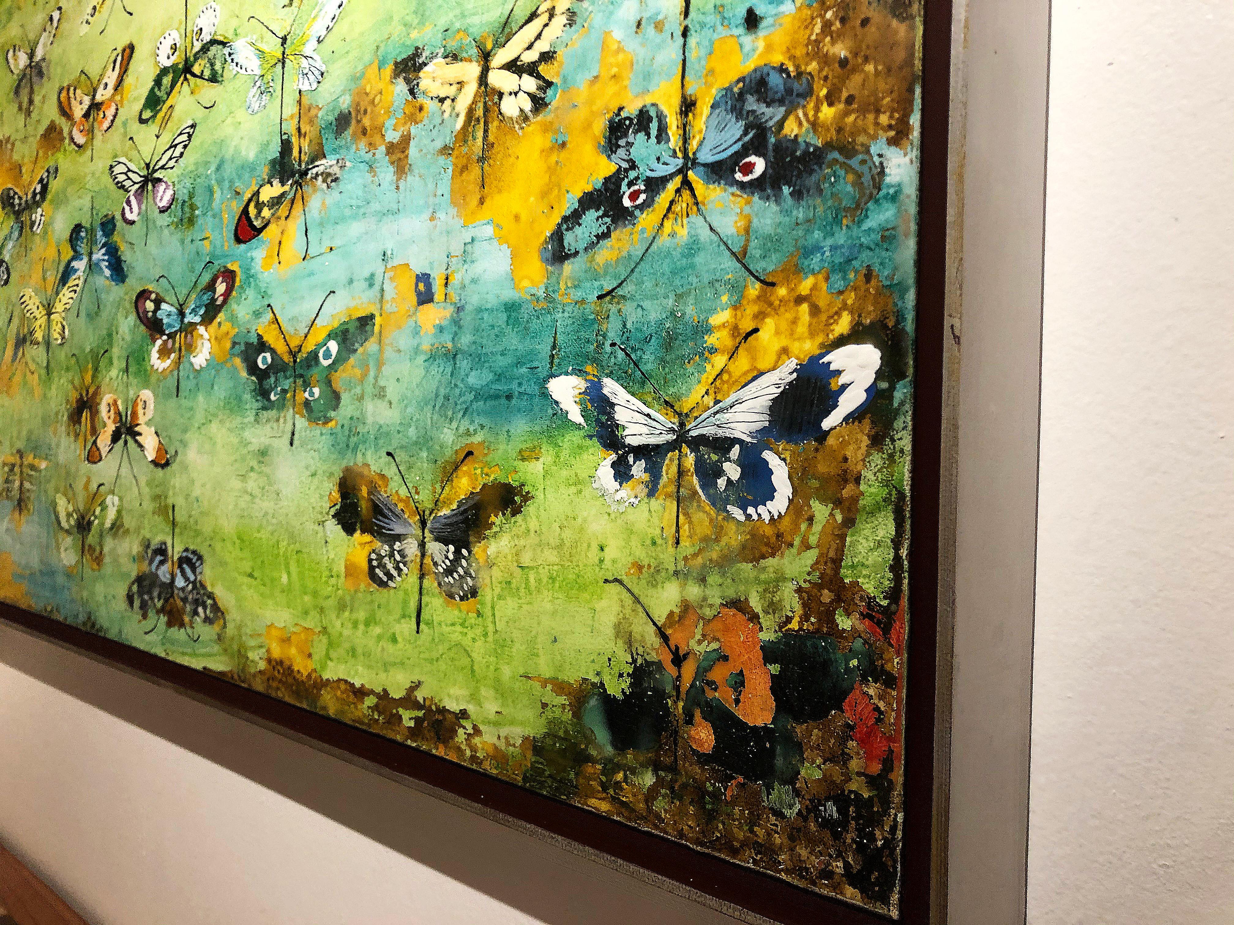Generations, encaustic and mixed media painting, butterflies, turquoise, yellow - Painting by Chris Reilly