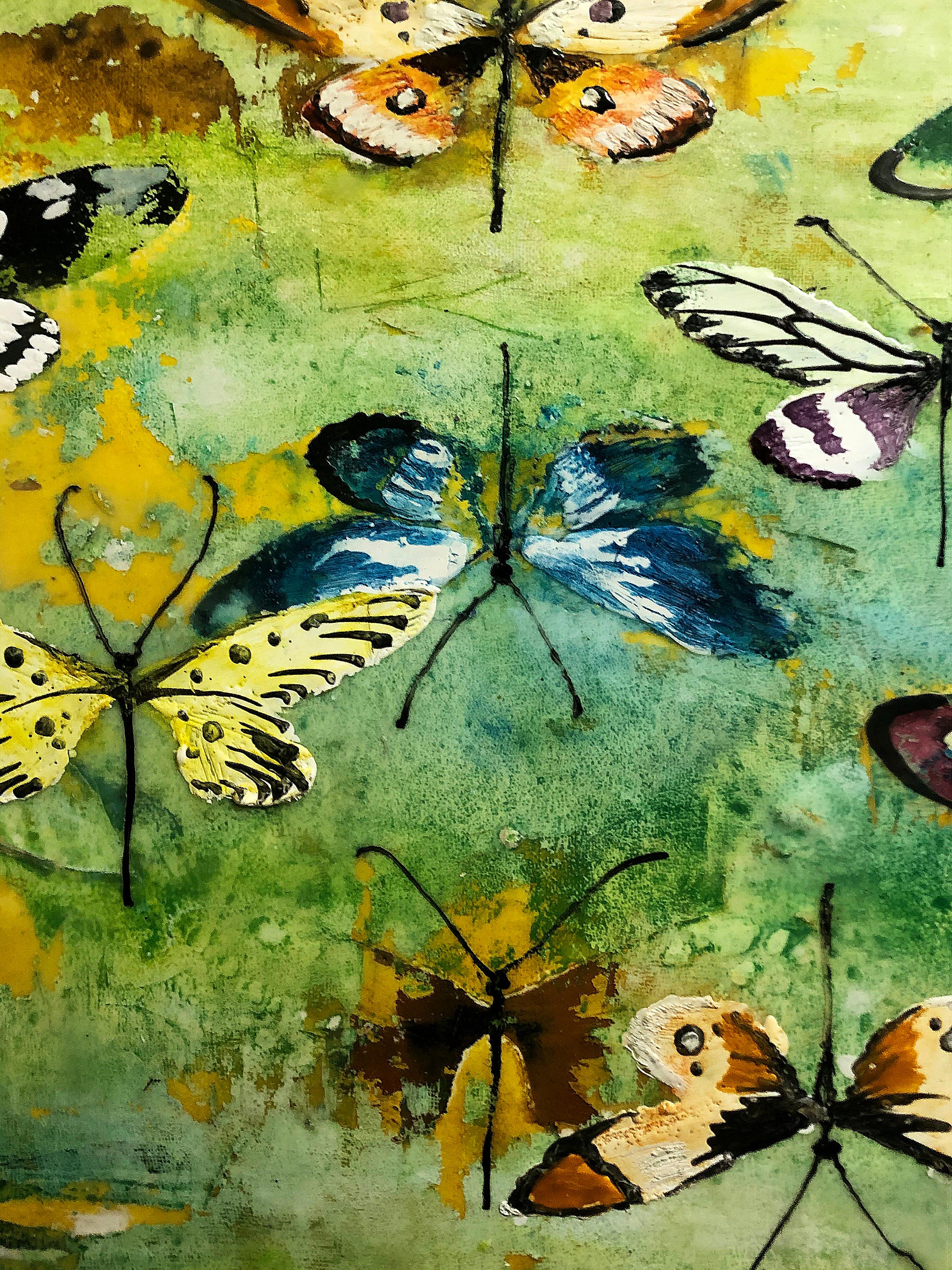 Generations, encaustic and mixed media painting, butterflies, turquoise, yellow - Contemporary Painting by Chris Reilly