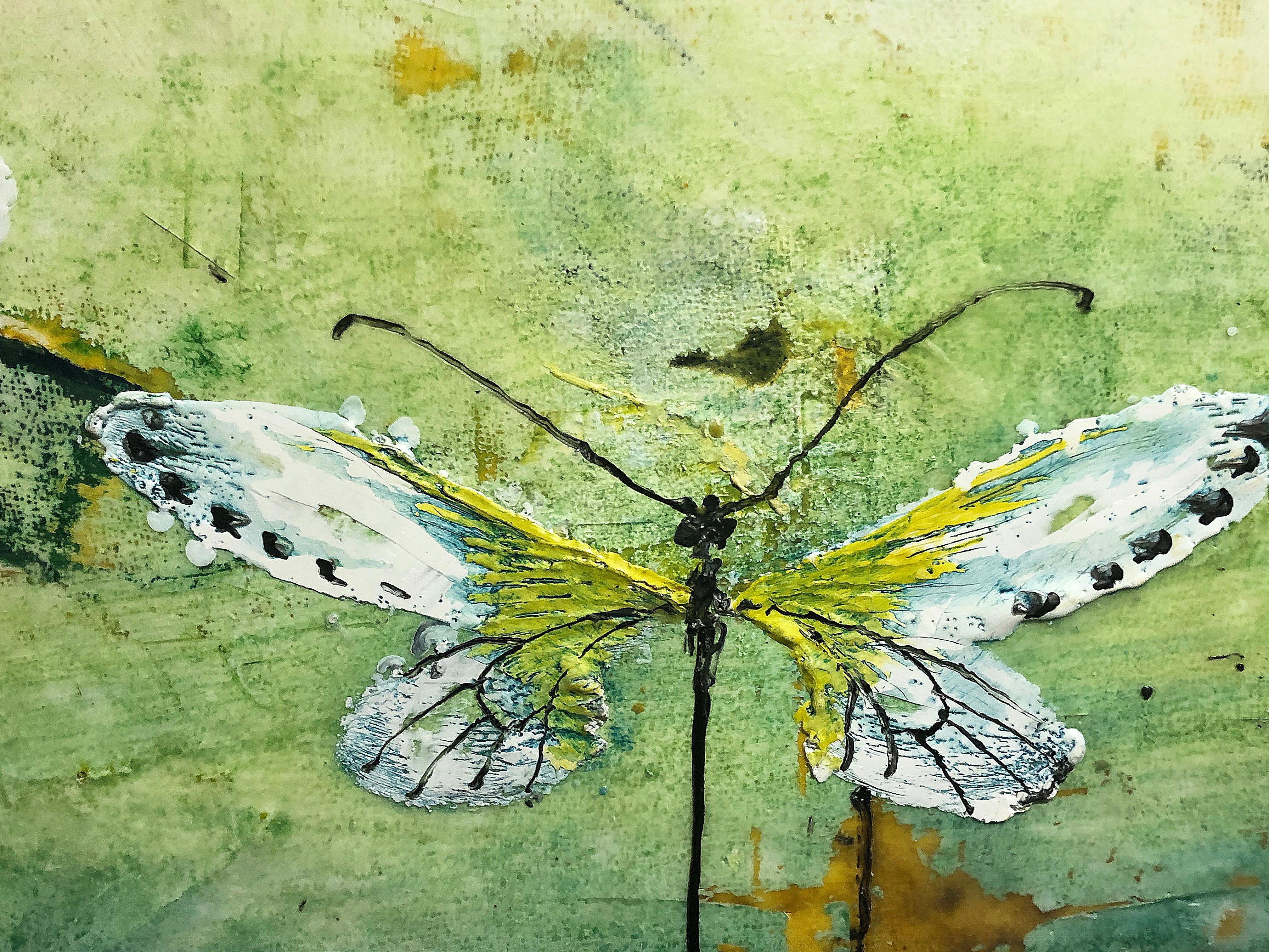 Generations, encaustic and mixed media painting, butterflies, turquoise, yellow - Brown Landscape Painting by Chris Reilly