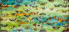 Generations, encaustic and mixed media painting, butterflies, turquoise, yellow