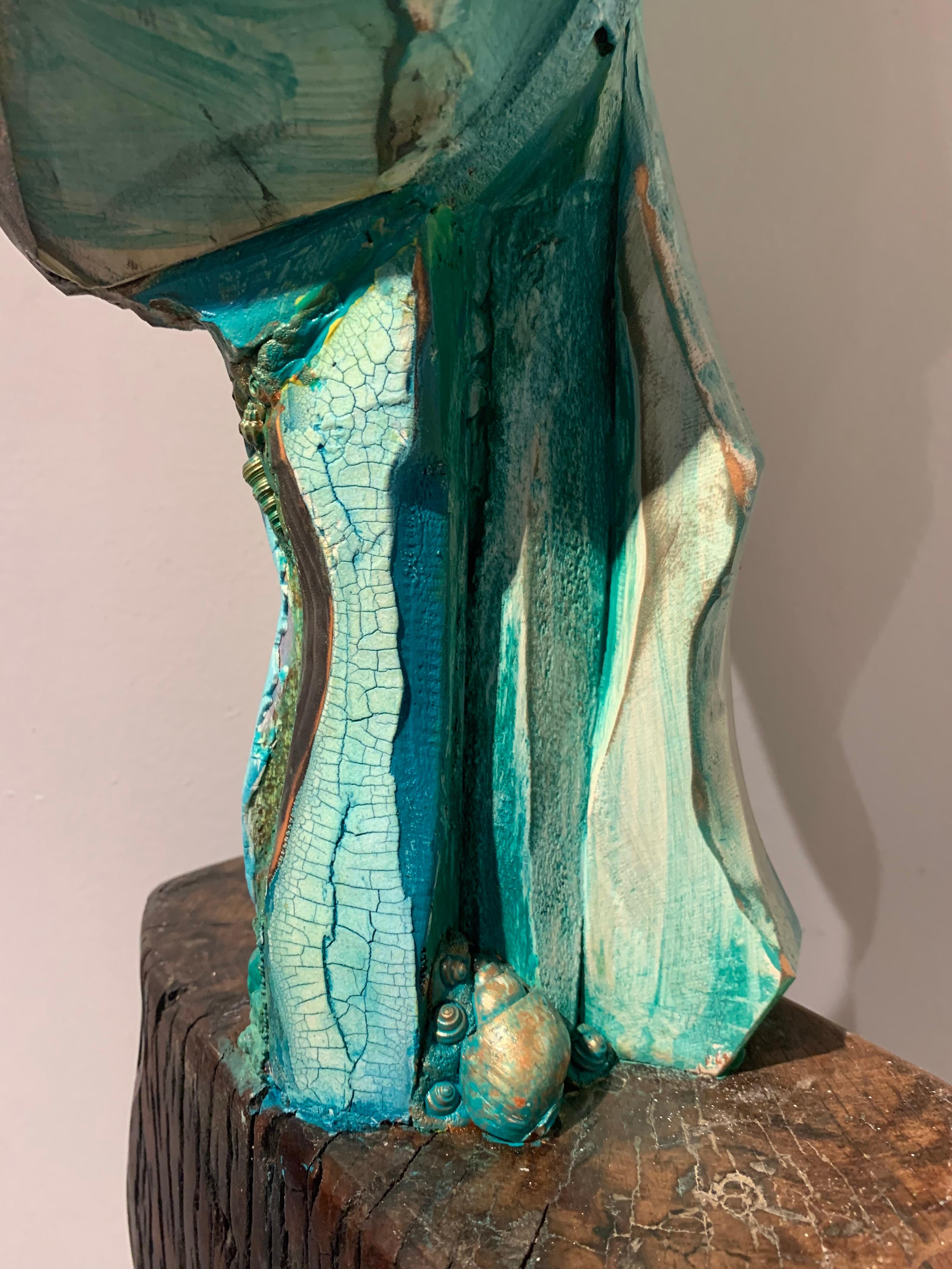 Listening, wood, acrylic, mixed media sculpture, green, blue, off white, brown 2