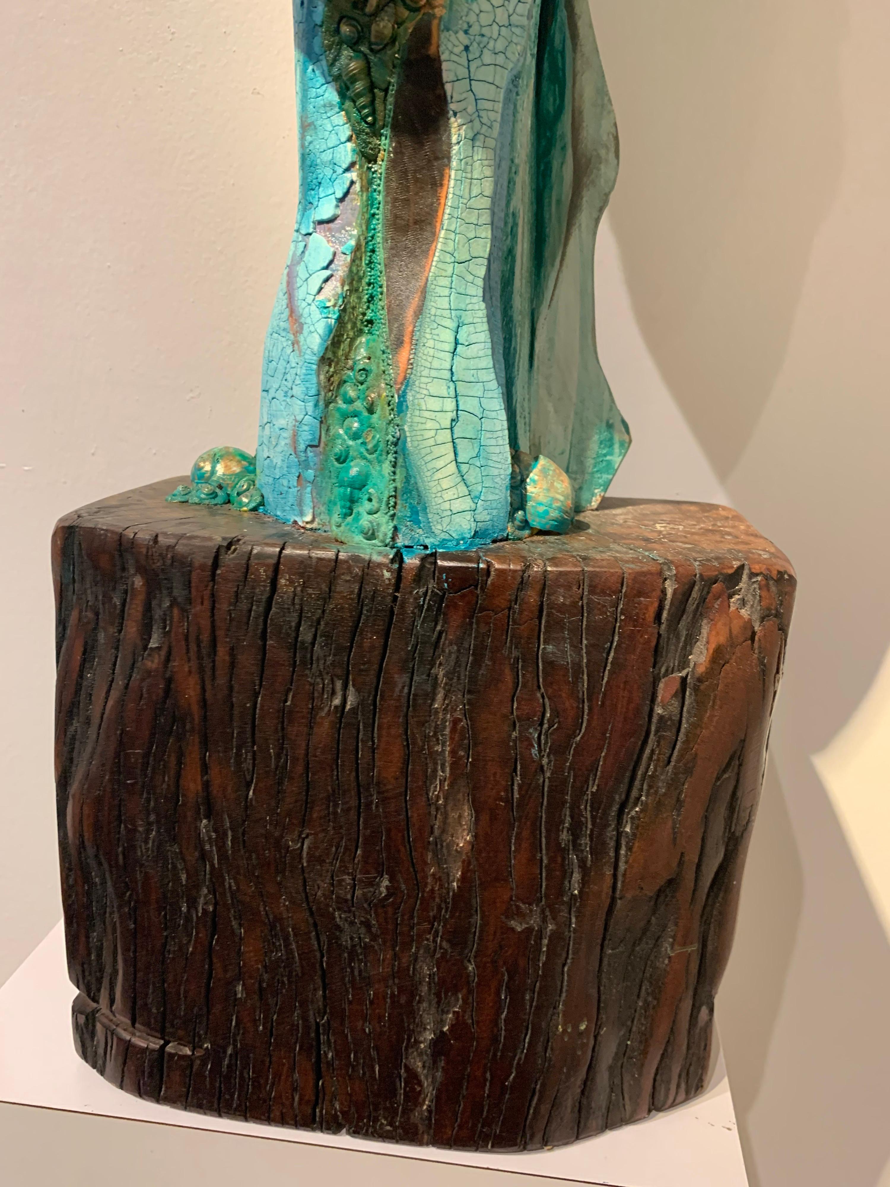 Listening, wood, acrylic, mixed media sculpture, green, blue, off white, brown 3